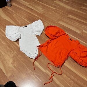 Zara White and Orange Puff Sleeve Bodysuits bundle